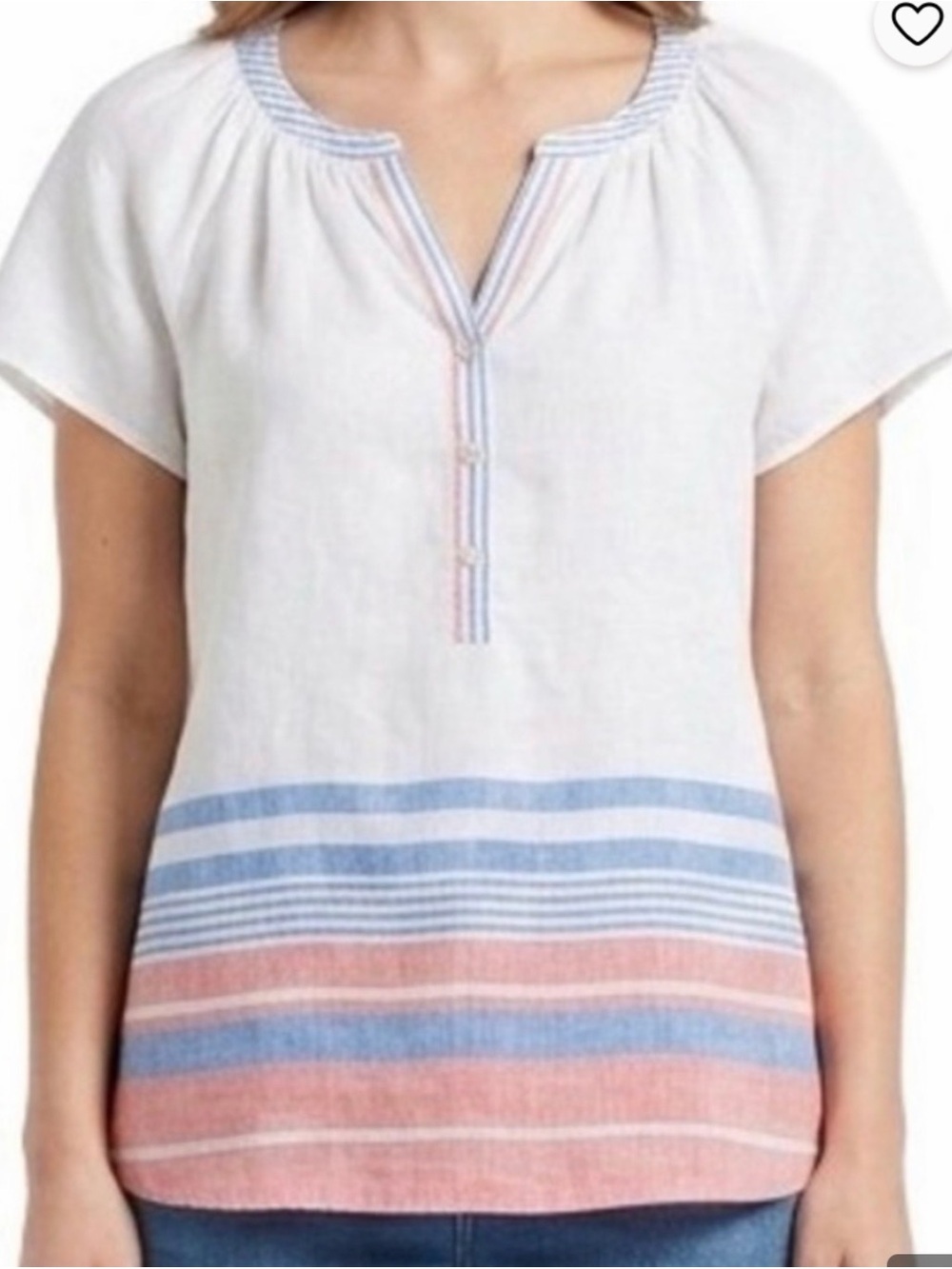 Talbots White Short-Sleeve Split-Neck Tunic with Blue and Pink Stripes
